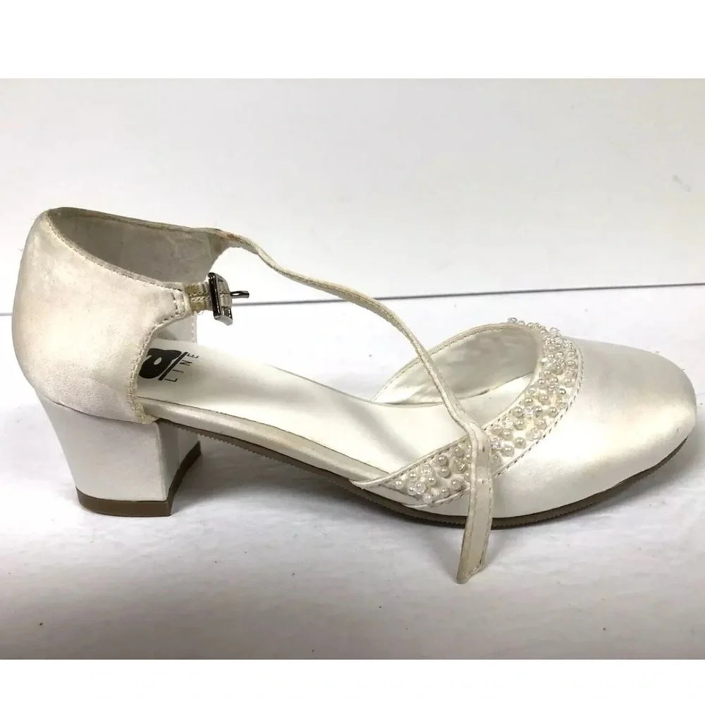 A Line Kids’ Bone Satin Ankle Strap Pumps, Girls’ Size 3 M.
